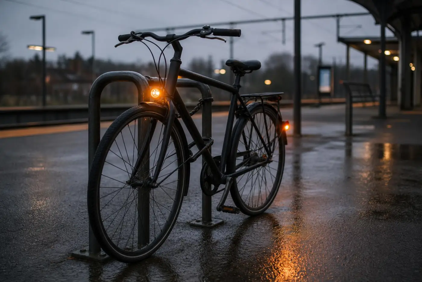 Aflåst cykel med tændte lygter ved en stationsperron i tusmørke