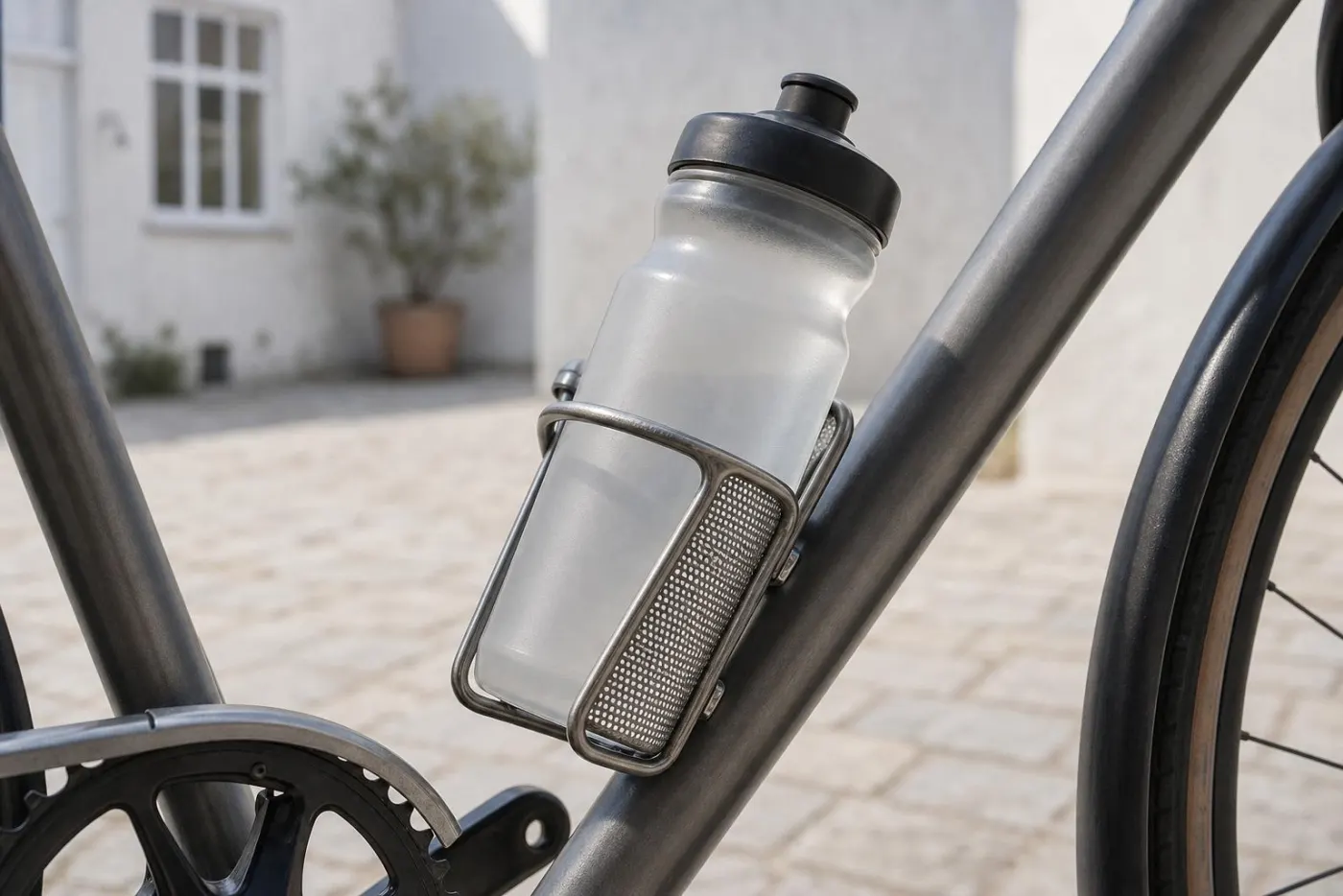 Flaskeholder med drikkedunk på en cykels nedrør i en lys gård